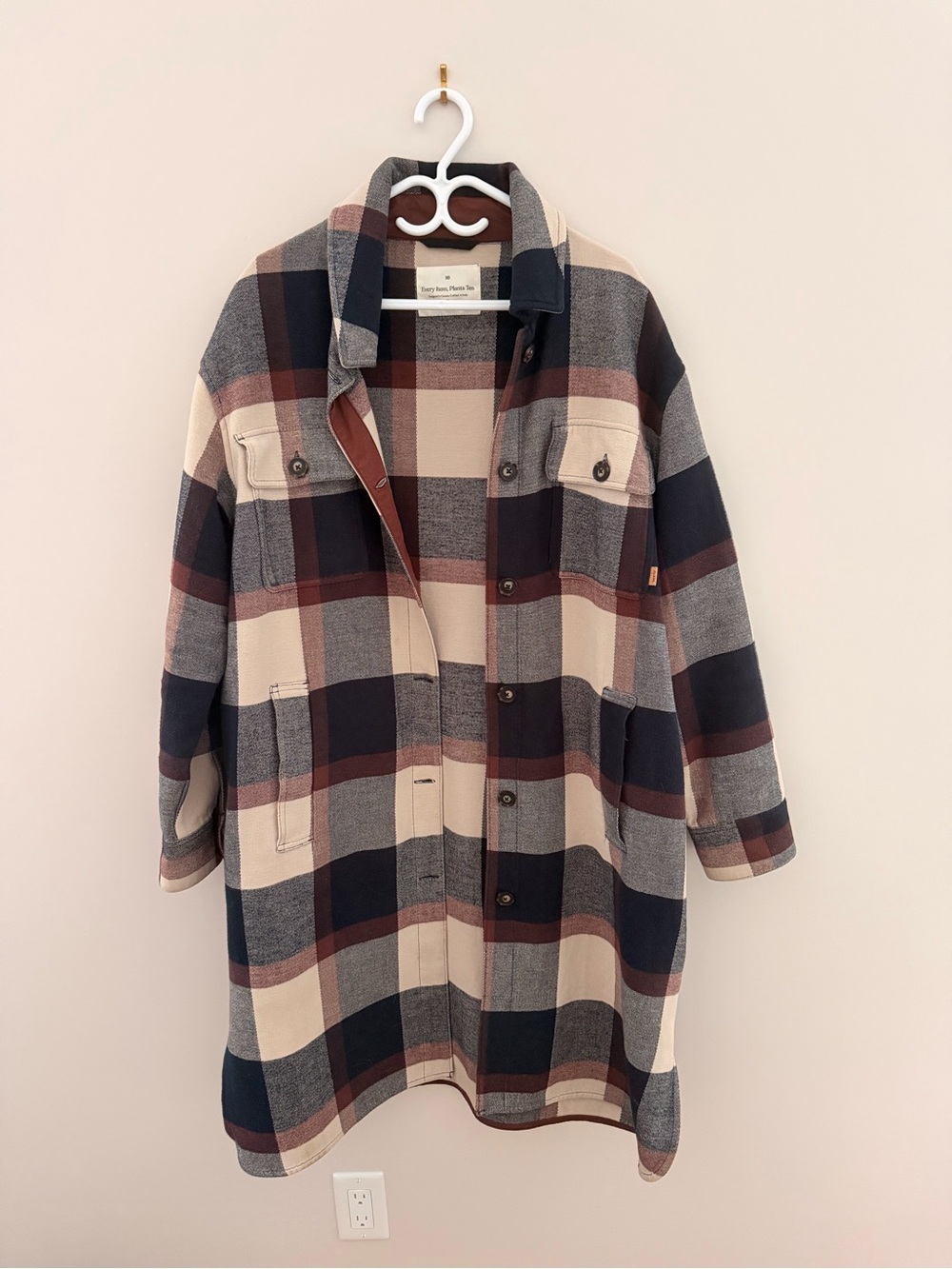 tentree Plaid Trench Coat in Beige, Navy & Brown
